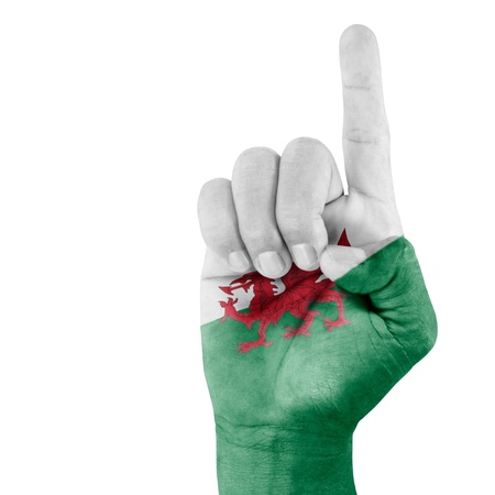  Wales flag drawn on pointing up hand gesture with white background.の写真素材