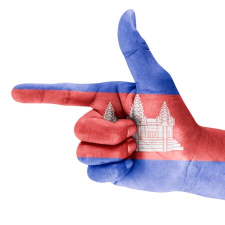 Cambodia flag drawn on shooting hand gesture with white backgroundの写真素材