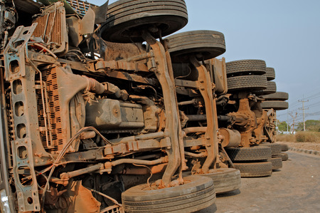 Overturned accident truck on highway road  の写真素材