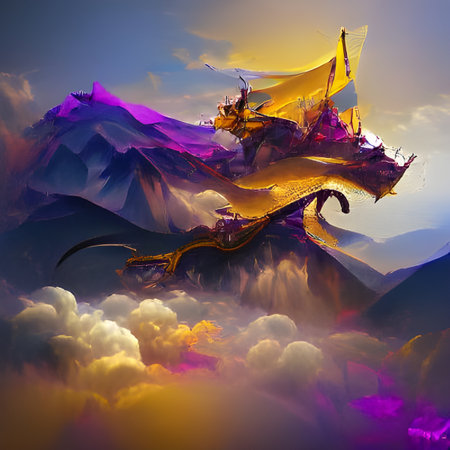 dragonship ridingon orange and purple cloudsの写真素材