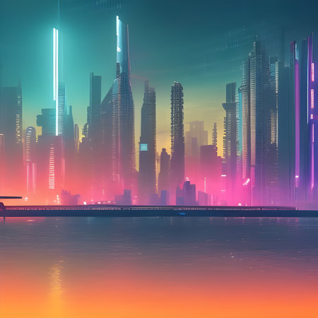 futuristic city skyline with beautiful coloursの写真素材