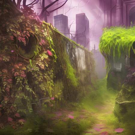 Fantasy landscape with trees, grass and fog. 3d renderingの写真素材
