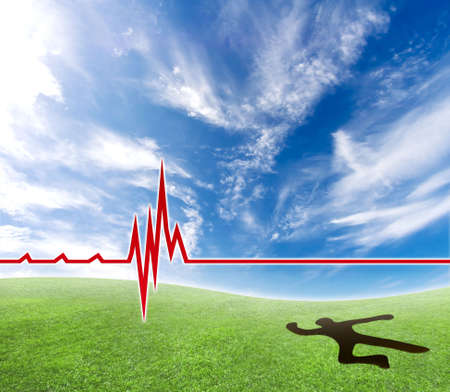 Concept of a lifeless person making a hole in the ground with a cardiograph line.