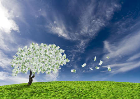 Concept of a cash tree with falling 100 Euro banknotes leaves.Composite shot.の写真素材