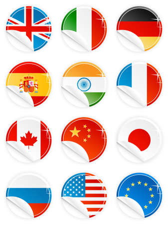 Vector illustrations of 12 national flag/emblem buttons/tags/icons in glossy modern style with peel effect: UK, Italy, Germany, Spain, India, France, Canada, China, Japan, Russia, USA and EU.のイラスト素材