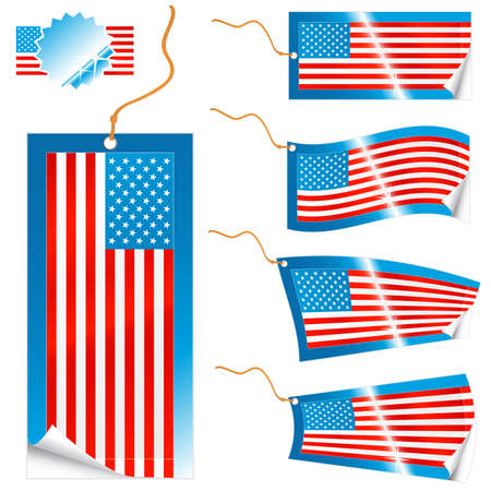 Vector illustrations of detailed American flag tags (retail or info) in different shapes (simple, waves, badges) and an universal glossy USA icon.のイラスト素材