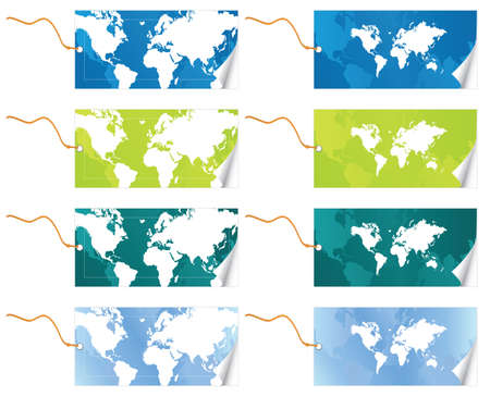 Vector illustration of two different world map slick tags with leash in four color variations. Peel effect.のイラスト素材