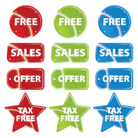 Vector illustration of 12 glossy metallic retail stickers and tags with beautiful reflective surfaces. Customizable with sale filler text.のイラスト素材