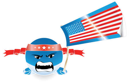 Vector illustration of an anime style emoticon waving an US flag with an evil or angry expression. Customizable.のイラスト素材