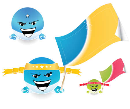 Vector illustration of an anime style happy emoticon face with a joyful expression and a retail tag/flag in the hand. Highly customizable. In different colors.のイラスト素材