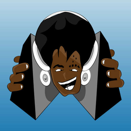 Vector illustration of a crazy and happy black DJ listening to music. With headphones and speakers.のイラスト素材