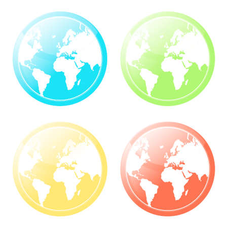 Vector illustration of four differently colored world map glossy modern icons.のイラスト素材
