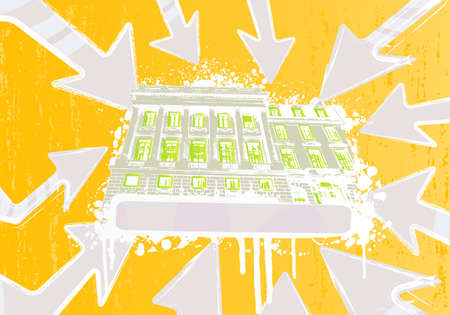 Vector illustration of a grungy bright colored historic building trace with event location arrows...