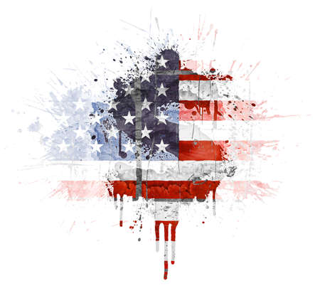 Modern grunge splatter design with American flag, Dollar symbol. Distressed grungy look with ink drop explosion.の写真素材