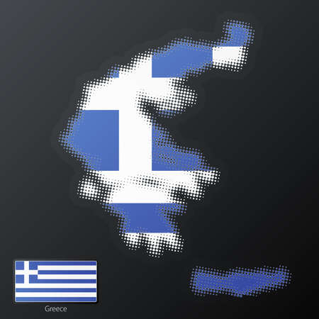 Vector illustration of a modern halftone design element in the shape of Greece, European Union. Second halftone, border and contents, on separate layer. Additional flag included.の写真素材