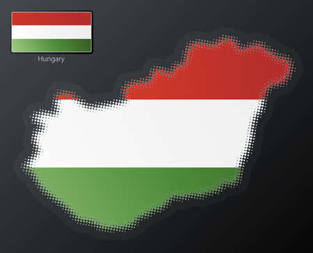 Vector illustration of a modern halftone design element in the shape of Hungary, European Union. Second halftone, border and contents, on separate layer. Additional flag included.の写真素材