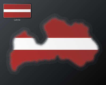 Vector illustration of a modern halftone design element in the shape of Latvia, European Union. Second halftone, border and contents, on separate layer. Additional flag included.の写真素材