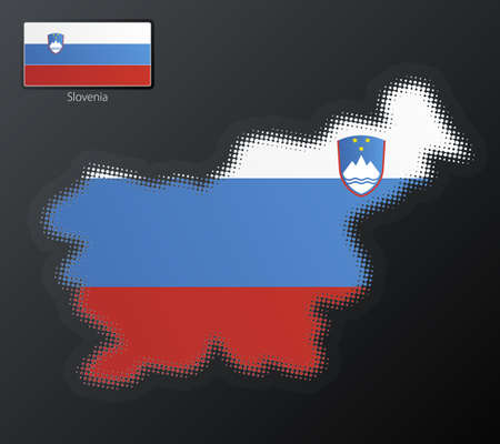 Vector illustration of a modern halftone design element in the shape of Slovenia, European Union. Second halftone, border and contents, on separate layer. Additional flag included.の写真素材