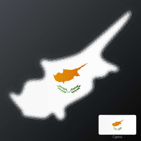 Vector illustration of a modern halftone design element in the shape of Cyprus, European Union. Second halftone, border and contents, on separate layer. Additional flag included.のイラスト素材