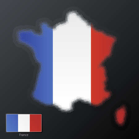 Vector illustration of a modern halftone design element in the shape of France, European Union. Second halftone, border and contents, on separate layer. Additional flag included.のイラスト素材