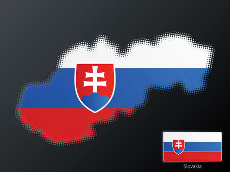 Vector illustration of a modern halftone design element in the shape of Slovakia, European Union. Second halftone, border and contents, on separate layer. Additional flag included.のイラスト素材