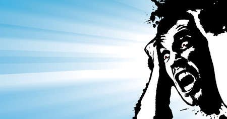 illustration of a screaming man grunge glowing banner with corner splatter design element and light stripes behind it.のイラスト素材