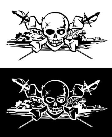 Skull bones amid swords and mysterious islandのイラスト素材