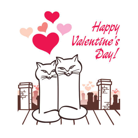 Cat lovers on the roof, sitting next, card, vectorのイラスト素材