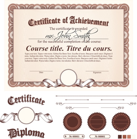 Brown certificate template. Horizontal. Additional design elements.のイラスト素材