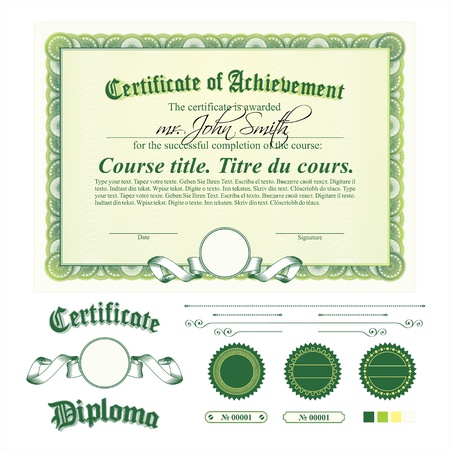 Green certificate template. Horizontal. Additional design elements.のイラスト素材