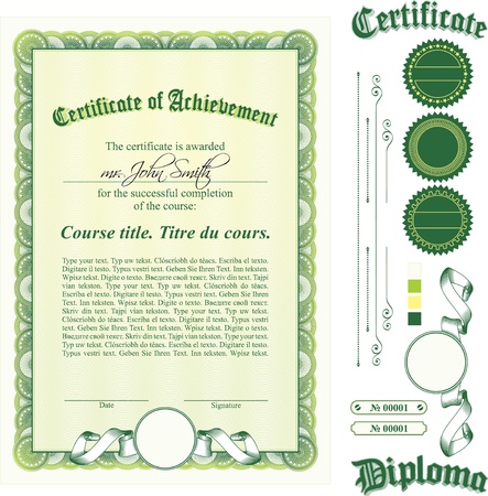 Green certificate template. Vertical. Additional design elements.のイラスト素材