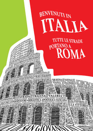 Picture of the Roman Colosseum made of the names of places of interest. Vector. のイラスト素材