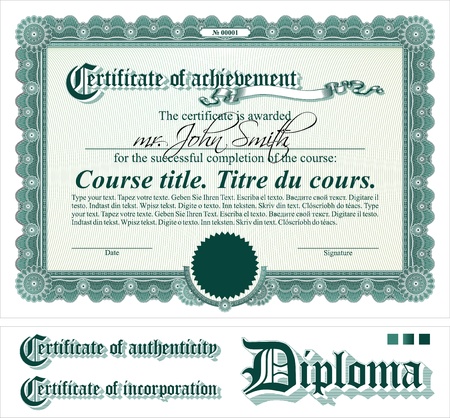 Green certificate template. Horizontal. Additional design elements.のイラスト素材