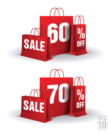 Shopping bag printed with a sixty and seventy discount on a white background  のイラスト素材