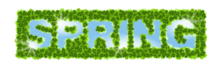 Inscription spring. Letters in a leaf lumens on a heavenly backgroundのイラスト素材