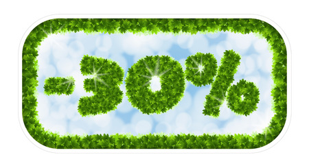 Wobbler spring sale 30 percent off. Letters and figures from maple leaves on a heavenly backgroundのイラスト素材
