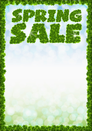 Poster spring sale. Letters from maple leaves on a heavenly backgroundのイラスト素材