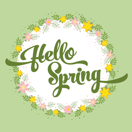 Beautiful greeting card with flowers on a white background and stylized inscription Hello Spring. Vector illustrationのイラスト素材