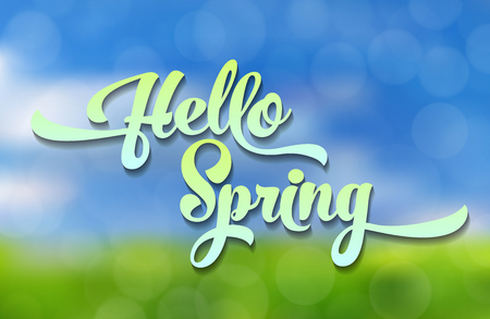 Hello spring, blue-green stylized inscription decorated with foliage against the sky with a bokeh effect. Spring template for your design, cards, invitations, posters.のイラスト素材