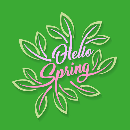 Hello spring stylized calligraphic inscription adorned with leaves on a green background. Spring template for your design, cards, invitations, posters vector illustration.のイラスト素材