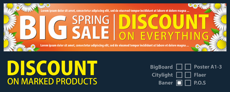 The design of the baner for the promotion is a spring sale of bright daisies on a orange background. Spring template for your design, cards, invitations, posters.のイラスト素材