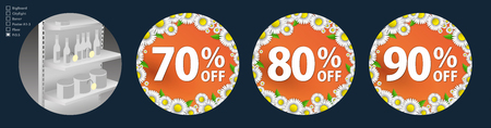The design of the wobblers for the promotion is a spring sale of bright daisies on a orange background. Discount of 70, 80, 90 percent. Spring template for your design, cards, invitations, posters.のイラスト素材