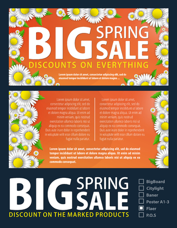 The design of the flyer for the promotion is a spring sale of bright daisies on a orange background. Spring template for your design, cards, invitations, posters.のイラスト素材