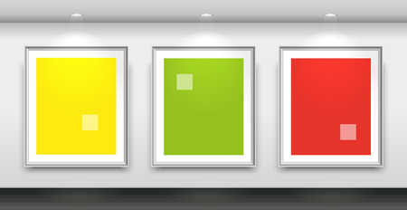 Gallery interior with three blank white frames on the wallのイラスト素材