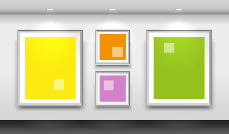 Interior gallery with four empty white frames on the wallのイラスト素材
