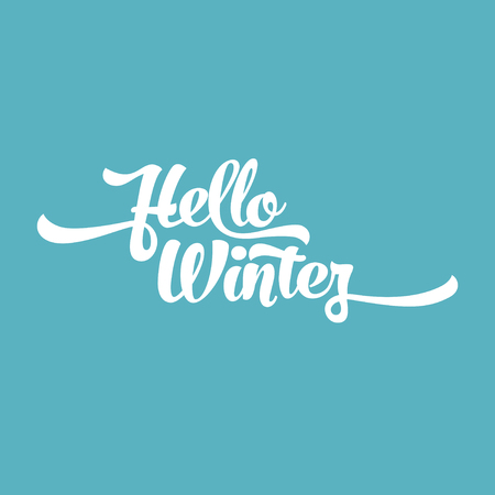 White text on a green to blue background. Hello Winter lettering for invitation and greeting card, prints and posters. Calligraphic design. Vector illustrationのイラスト素材