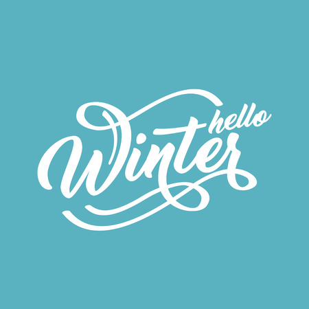 Hello Winter handlettering inscription. Green to blue text on a black background. Winter logos and emblems for invitation, greeting card, prints and posters. Calligraphic design. Vector illustrationのイラスト素材