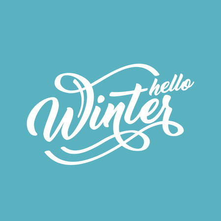Hello Winter hand lettering inscription. White on a green to blue text background. Winter   emblems for invitation, greeting card, prints and posters. Calligraphic design.の写真素材