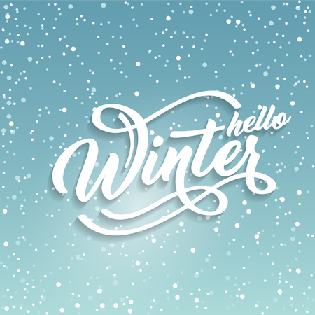 Hello Winter handlettering inscription. White text on green blue background with snow. Winter logos and emblems for invitation, greeting card, prints and posters. Calligraphic design. Vectorのイラスト素材
