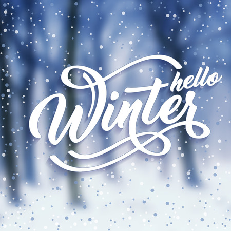 Hello Winter hand lettering inscription. White text with snow on the background of snow-covered forest. Winter  emblems for invitation, greeting card, prints and posters. Calligraphic designの写真素材